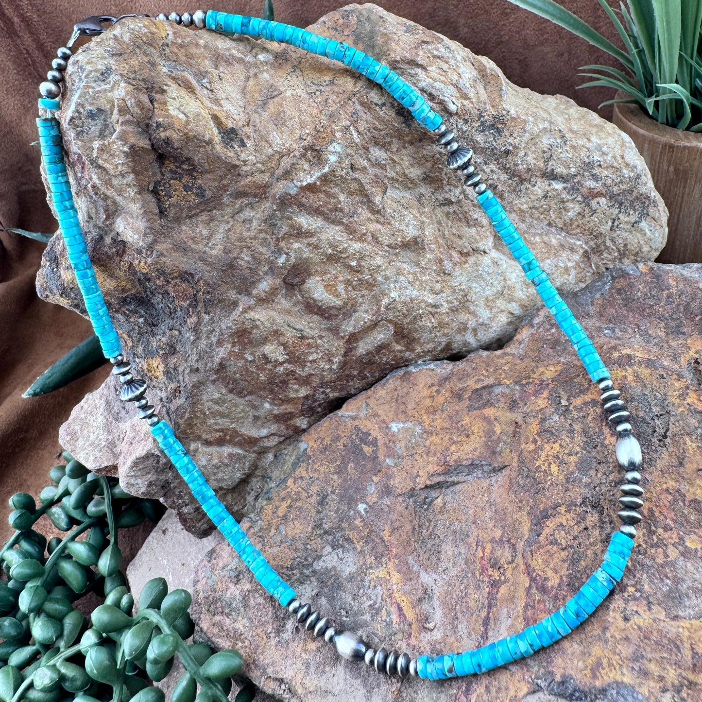 16" Navajo Turquoise and Silver Heishi Bead Necklace