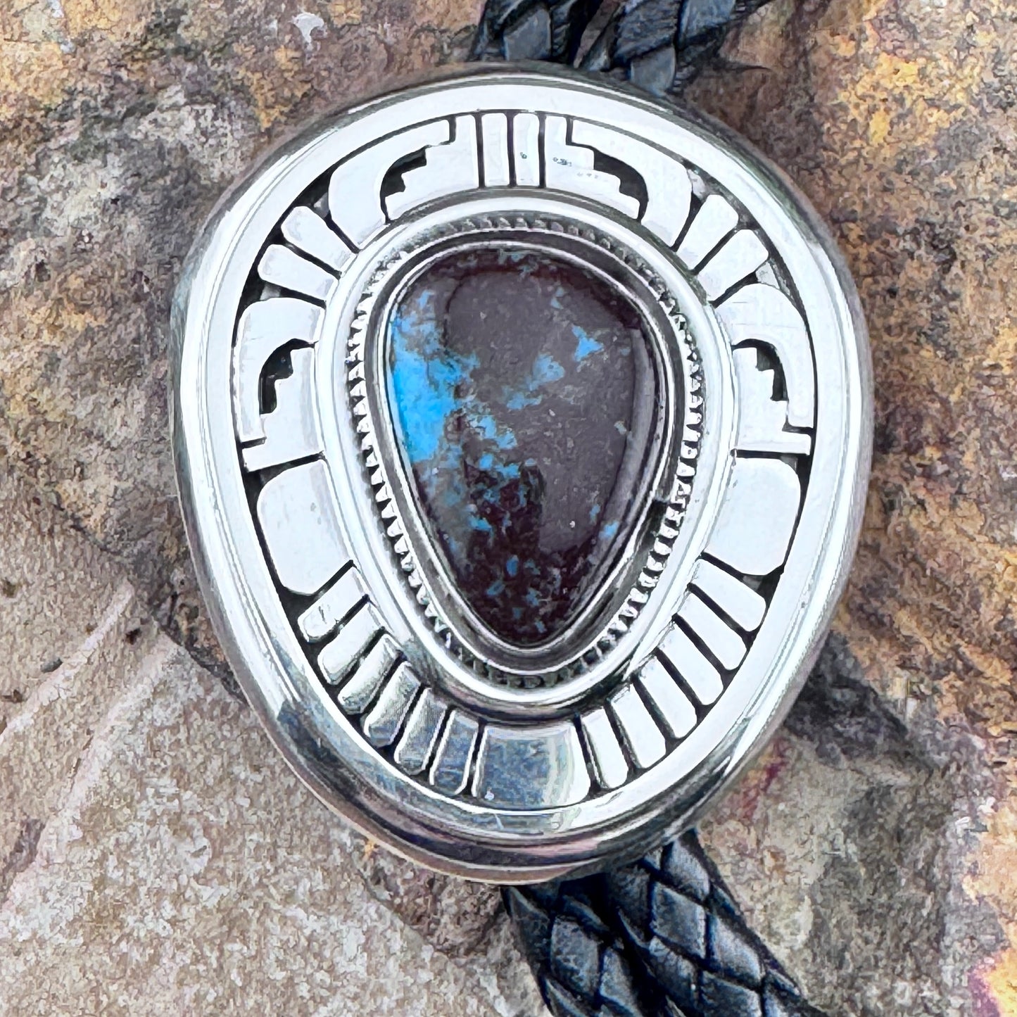 Bisbee Turquoise Sterling Silver Leather Bolo Tie by Leonard Nez