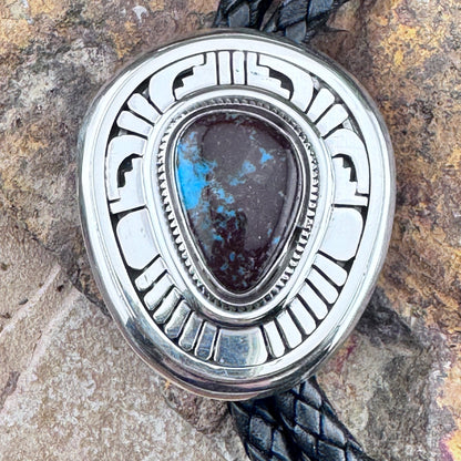 Bisbee Turquoise Sterling Silver Leather Bolo Tie by Leonard Nez