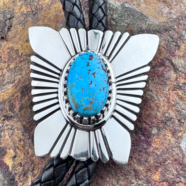 Kingman Turquoise Sterling Silver Leather Bolo Tie by Leonard Nez