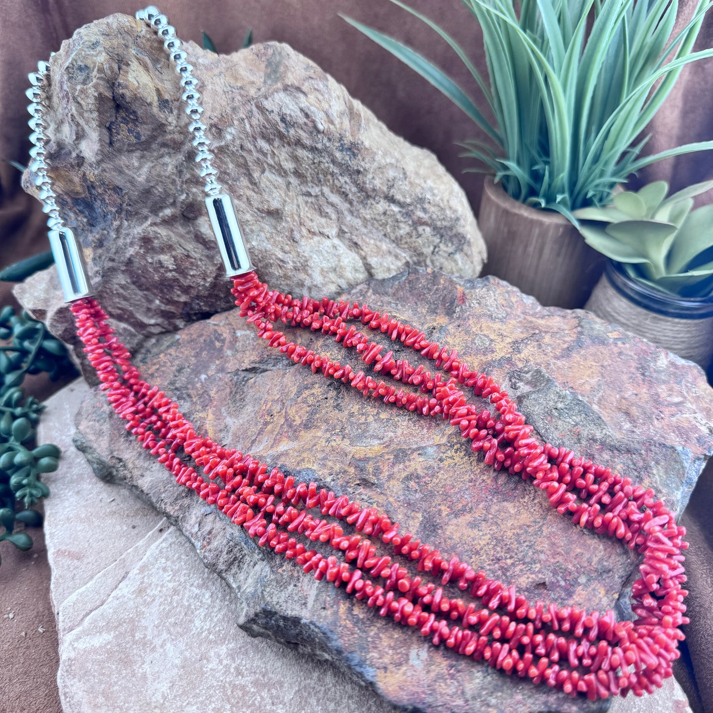 Leonard Nez 24" Red Coral Multi-Strand Necklace