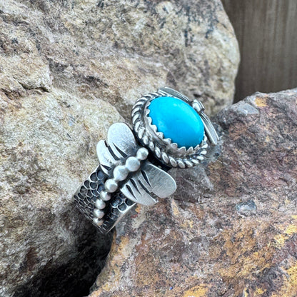 Kingman Turquoise Ring with Dragonfly Accents by Mary Tso
