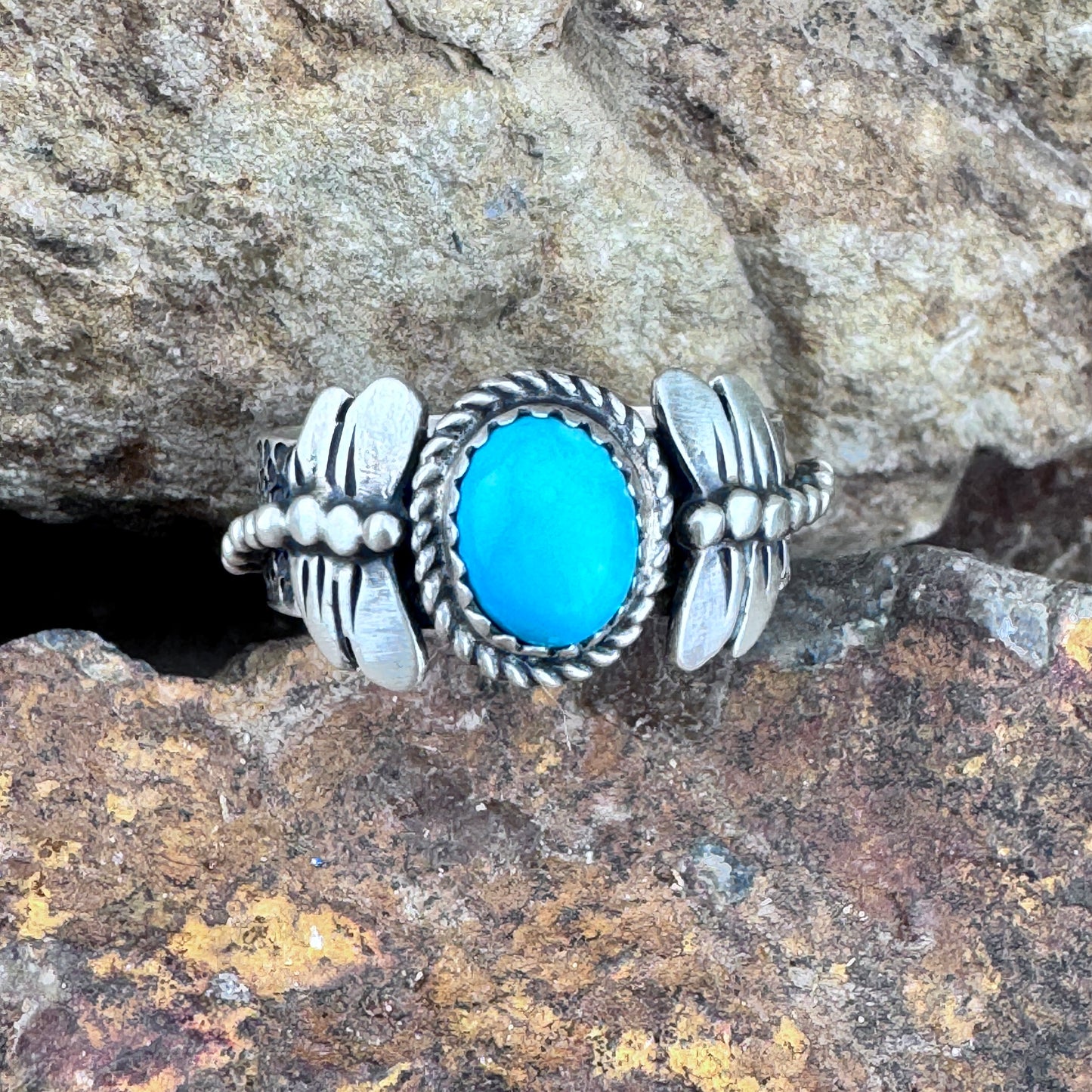Kingman Turquoise Ring with Dragonfly Accents by Mary Tso
