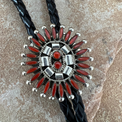 Red Coral Petit Point Sterling Silver Leather Bolo Tie by Dan Etsate
