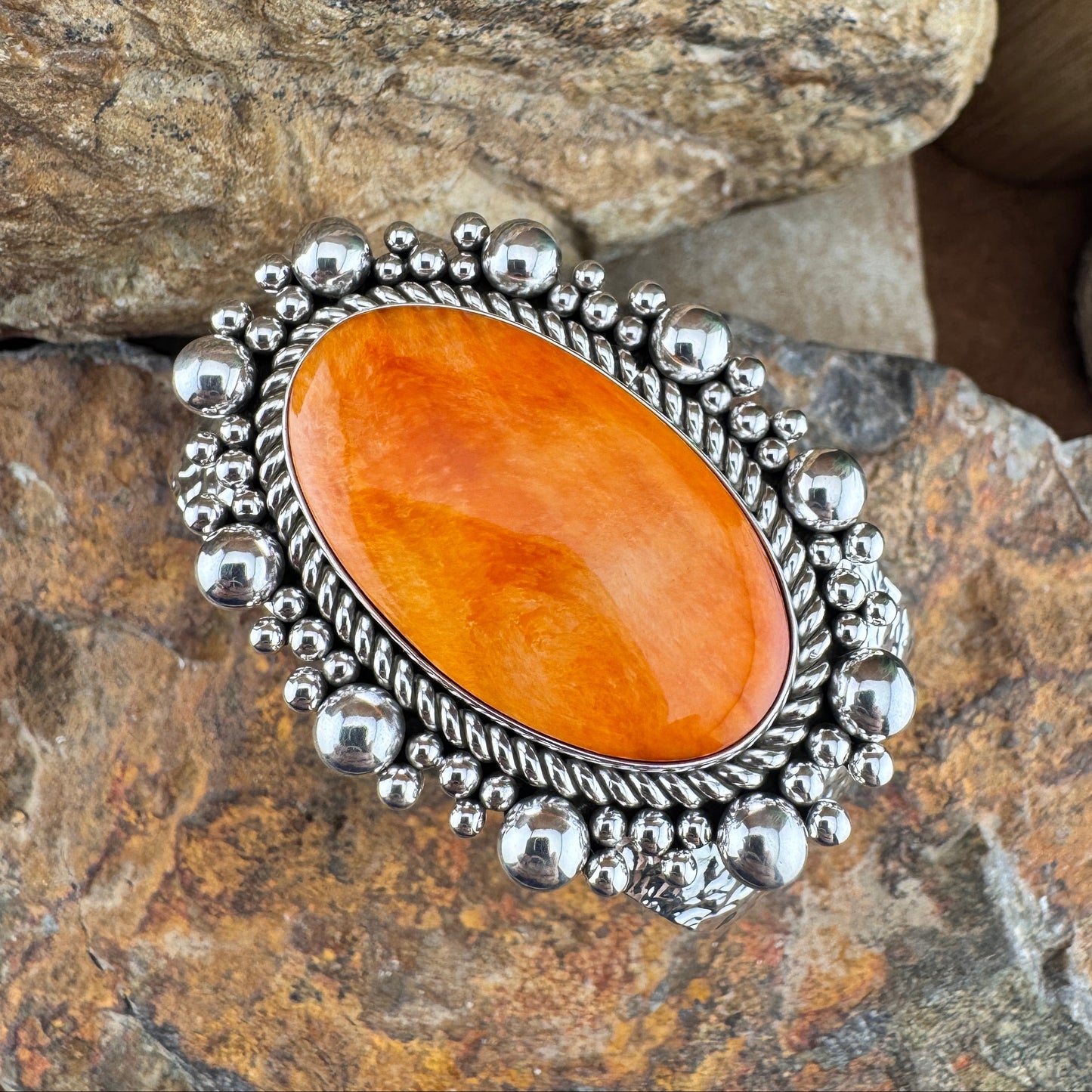 Orange Spiny Oyster Sterling Silver Bracelet by Artie Yellowhorse