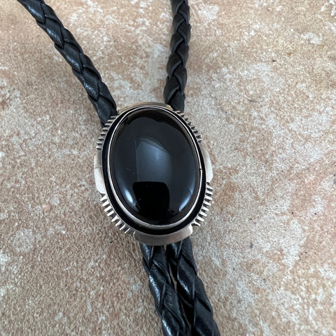 Onyx Sterling Silver Leather Bolo Tie by Wil Denetdale