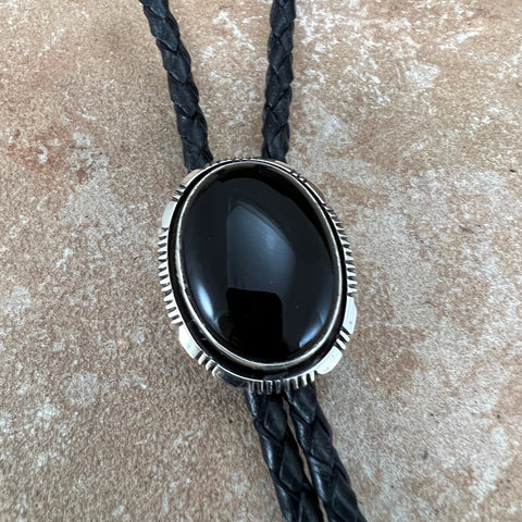 Large Onyx Sterling Silver Leather Bolo Tie by Wil Denetdale