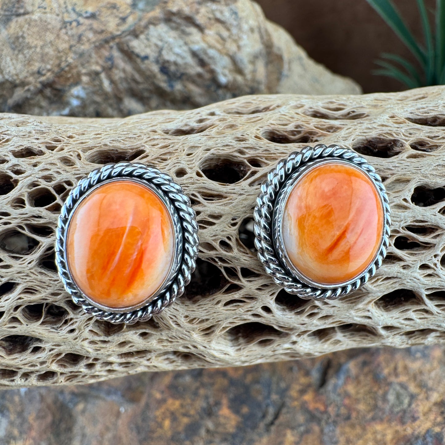 Orange Spiny Oyster Oval Earrings by Artie Yellowhorse