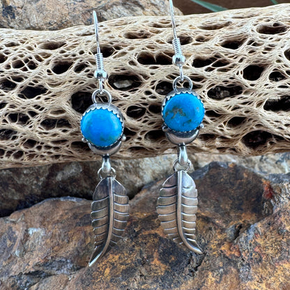 Ithaca Peak Turquoise Feather Sterling Silver Earrings by Mary Tso