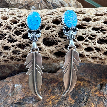White Water Kingman Turquoise Sterling Silver Feather Earrings by Mary Tso