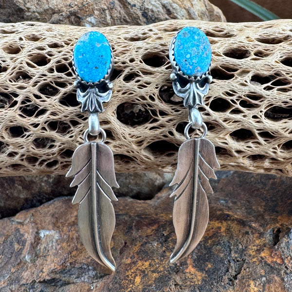 White Water Kingman Turquoise Sterling Silver Feather Earrings by Mary Tso