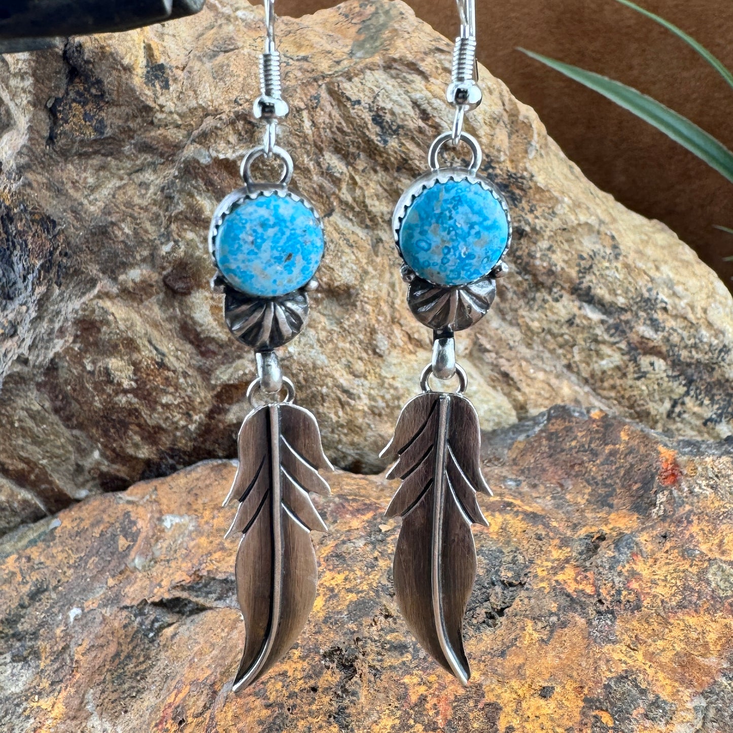 White Water Kingman Turquoise Feather Earrings by Mary Tso