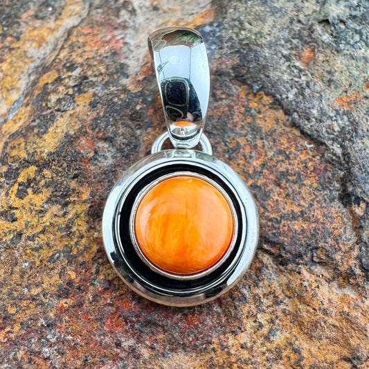 Sterling Silver Orange Spiny Oyster Shell Pendant by Artie Yellowhorse