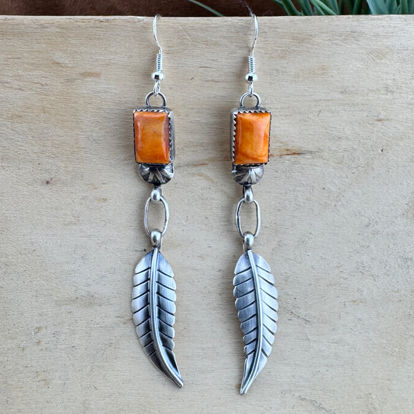 Orange Spiny Oyster Feather Sterling Silver Earrings by Mary Tso