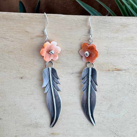 Spiny Oyster and Feather Dangle Earrings by Mary Tso