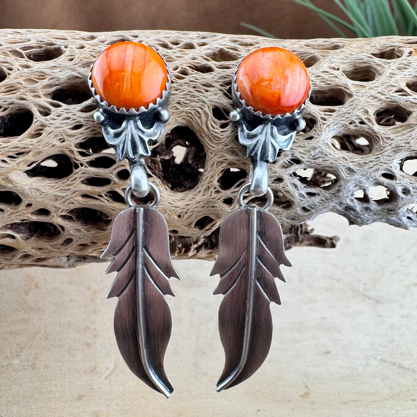 Orange Spiny Oyster Shell Sterling Silver Feather by Mary Tso
