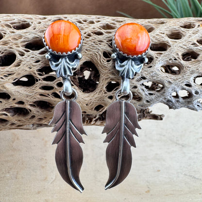 Orange Spiny Oyster Shell Sterling Silver Feather by Mary Tso