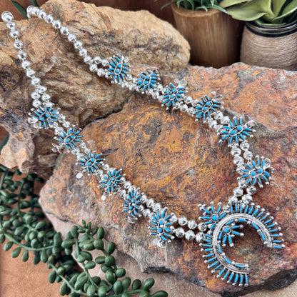 Needle Point Sleeping Beauty Turquoise Squash Blossom Necklace by Lorna Mahkee - Set