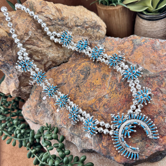 Needle Point Sleeping Beauty Turquoise Squash Blossom Necklace by Lorna Mahkee - Set