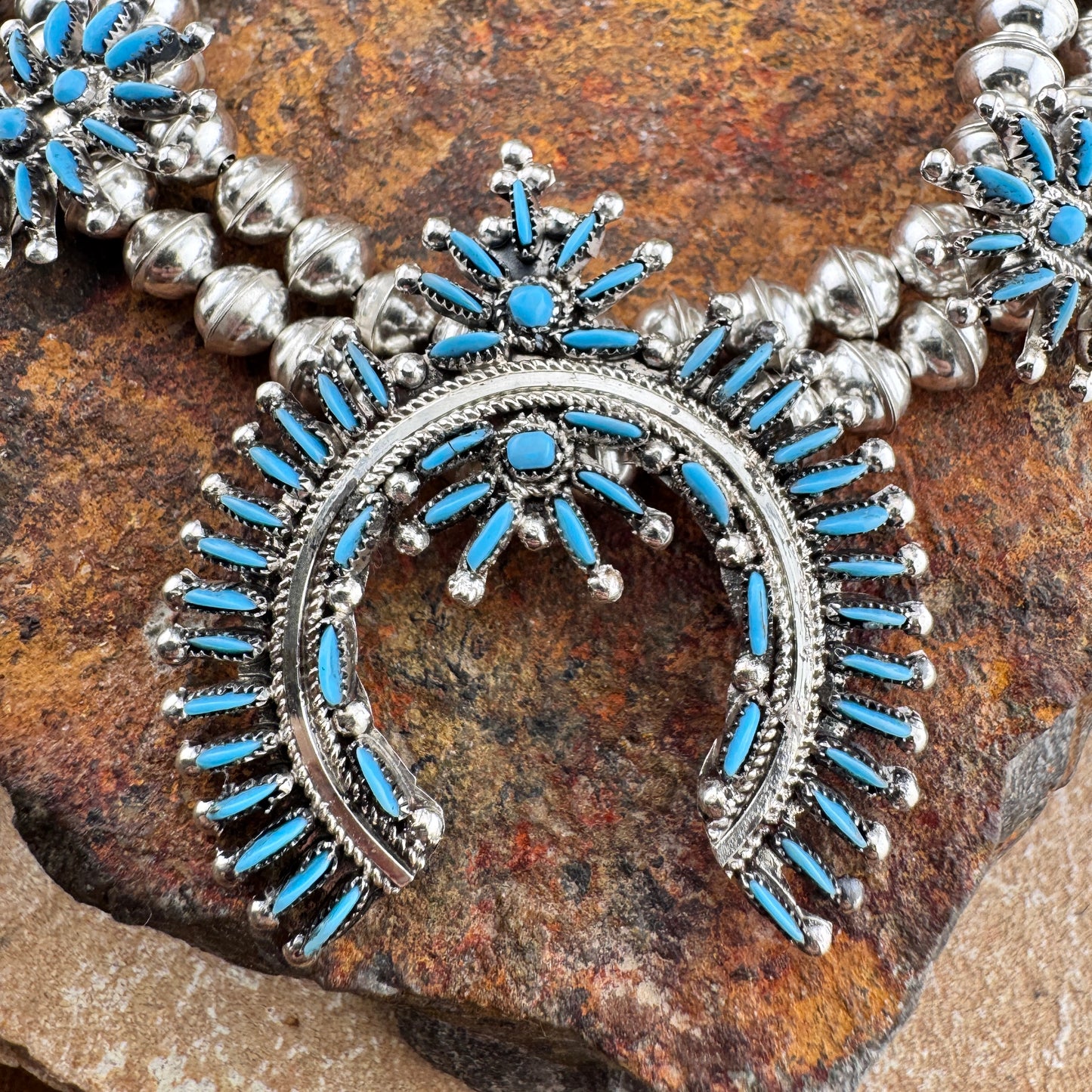 Needle Point Sleeping Beauty Turquoise Squash Blossom Necklace by Lorna Mahkee - Set