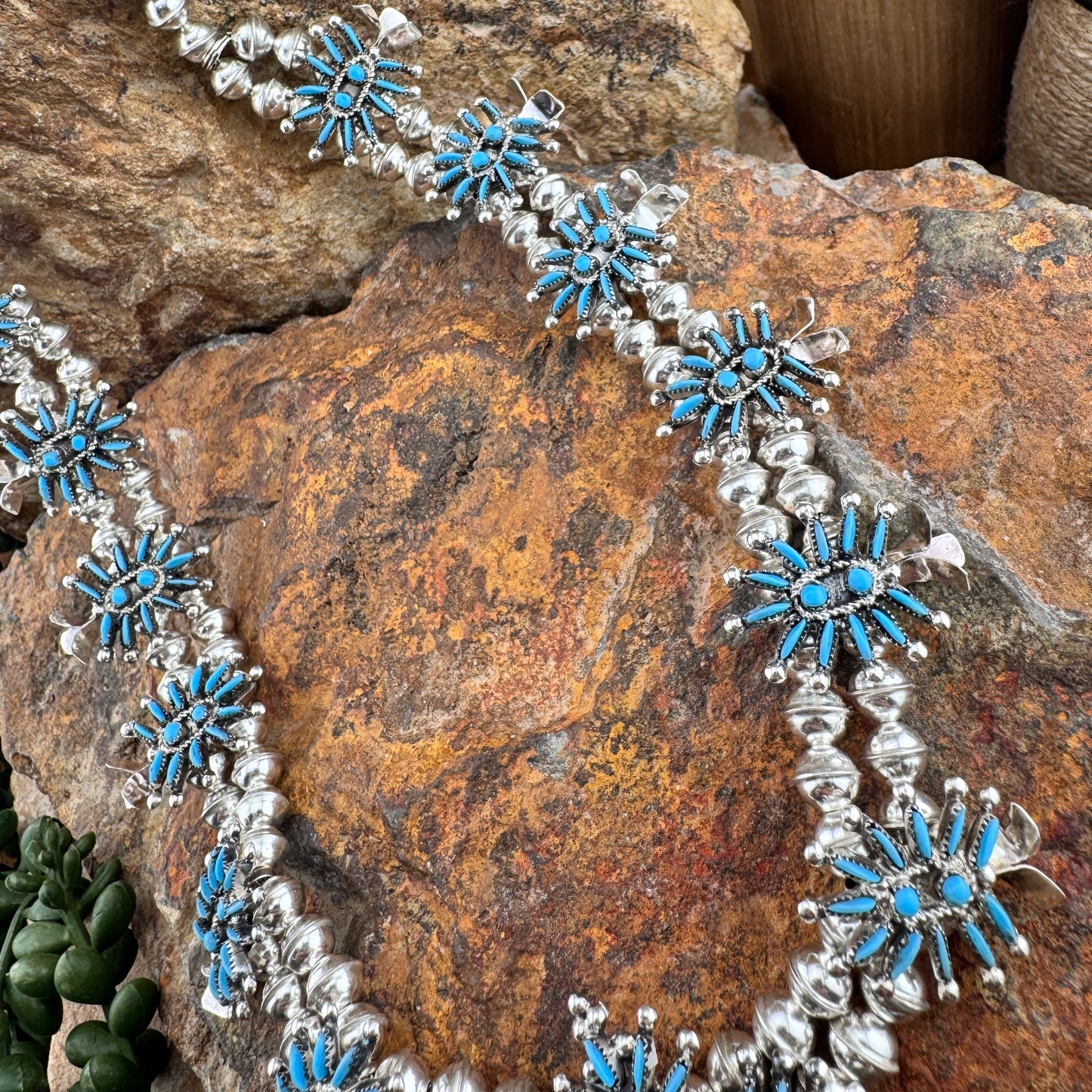 Needle Point Sleeping Beauty Turquoise Squash Blossom Necklace by Lorna Mahkee - Set