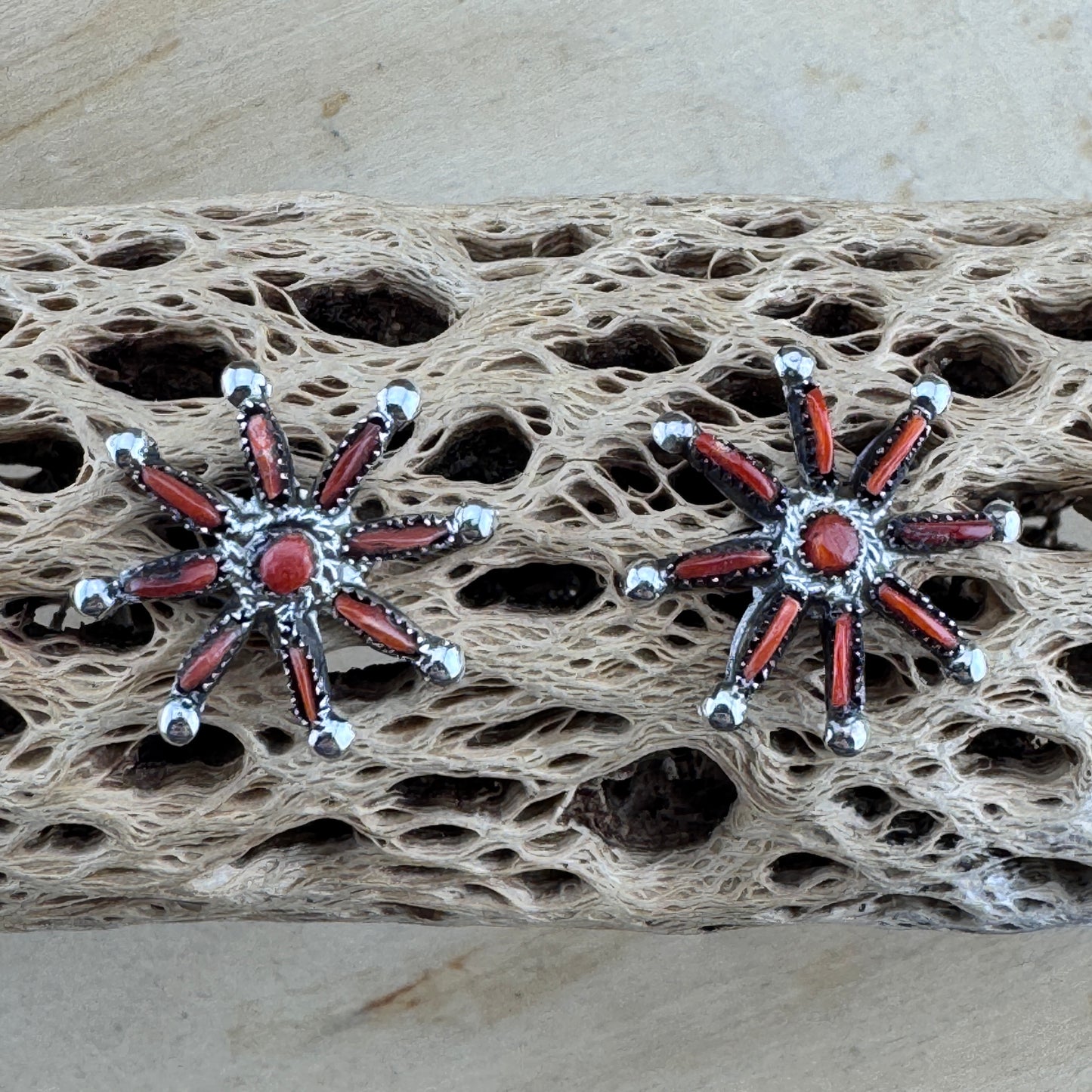 Needle Point Red Coral Squash Blossom Necklace by Lorna Mahkee - Set