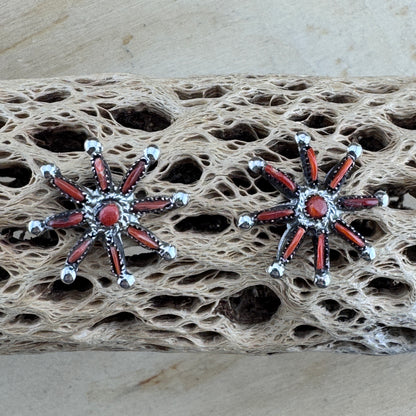 Needle Point Red Coral Squash Blossom Necklace by Lorna Mahkee - Set