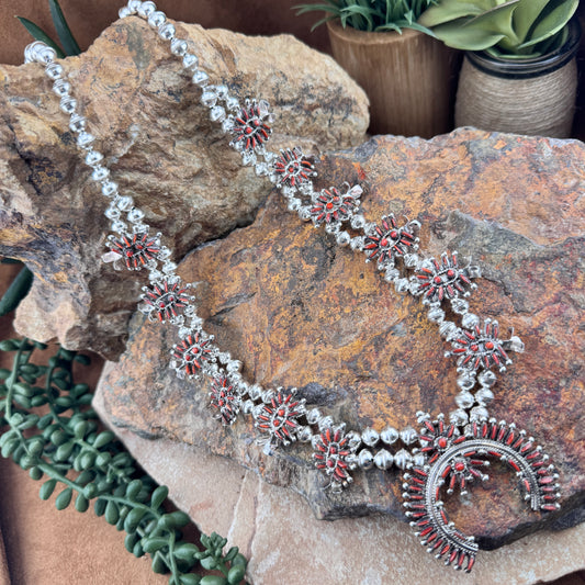 Needle Point Red Coral Squash Blossom Necklace by Lorna Mahkee - Set