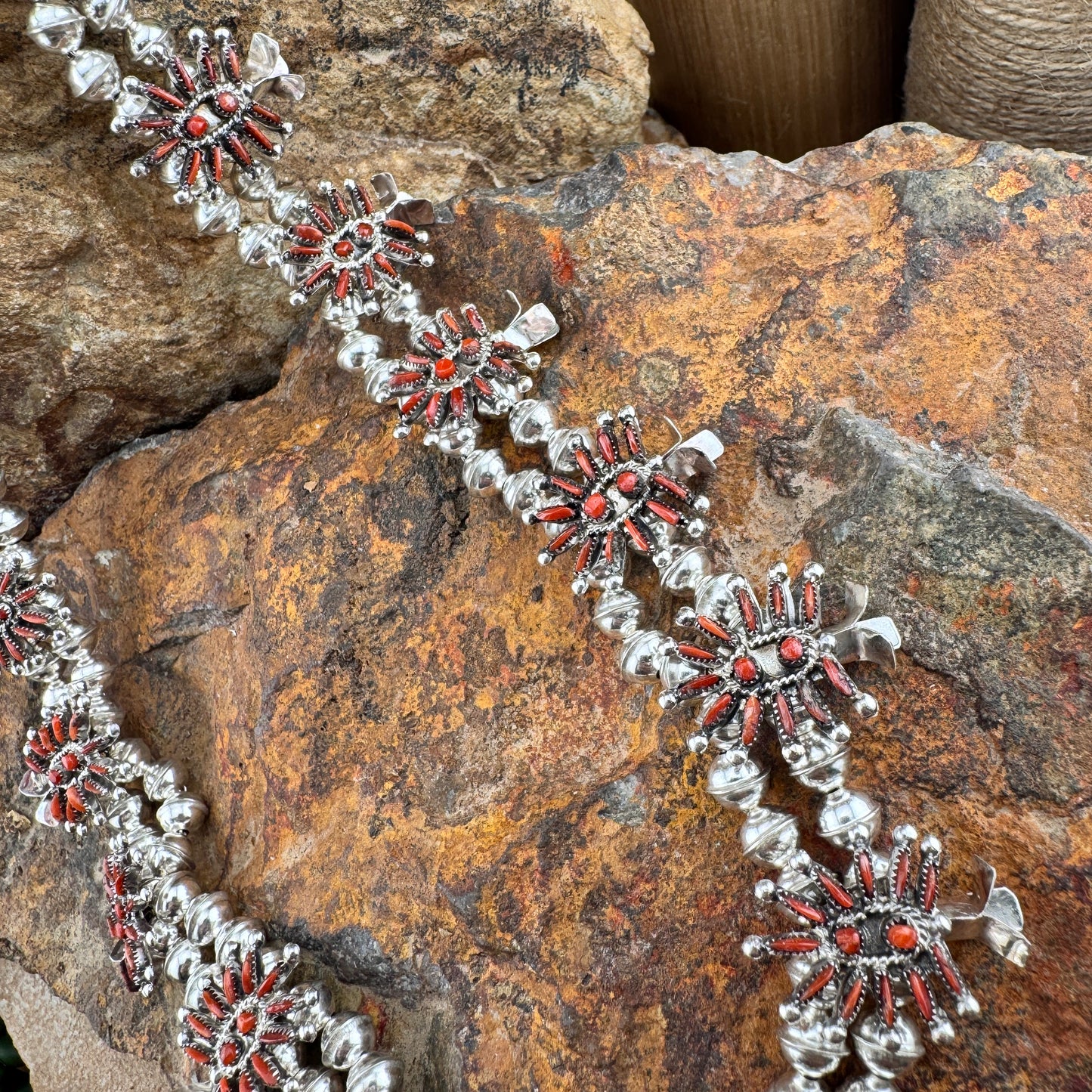 Needle Point Red Coral Squash Blossom Necklace by Lorna Mahkee - Set