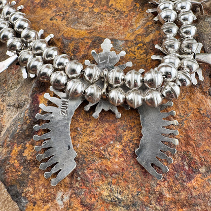 Needle Point Red Coral Squash Blossom Necklace by Lorna Mahkee - Set