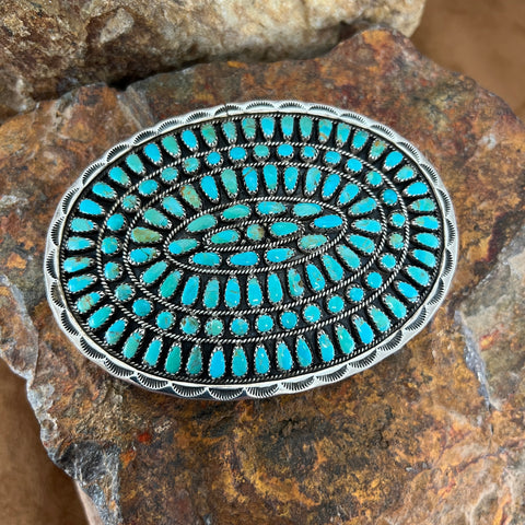 Vintage Turquoise Petite Point Sterling Silver Buckle by Larry Moses Begay - Estate Jewelry