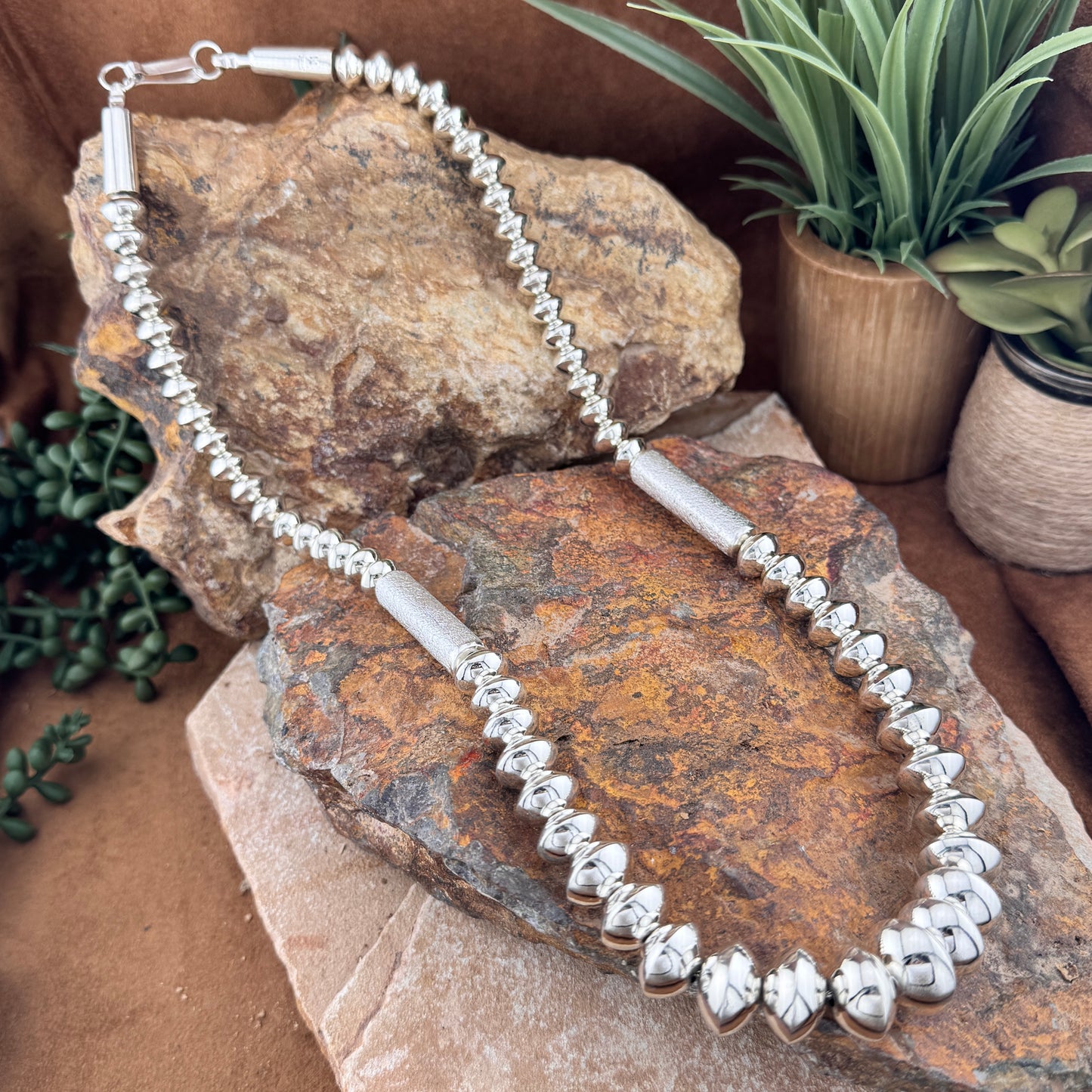 Stunning Polished Sterling Sliver Navajo Pearl necklace by Navajo artist Jack Tom