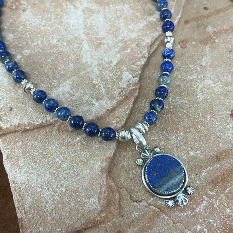 24" Lapis Sterling Silver Navajo Pearl Beaded Necklace Pendant by Mary Tso