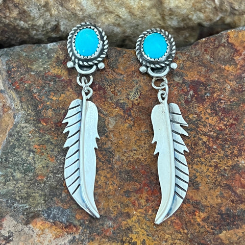 Kingman Turquoise Sterling Silver Earrings Feathers by Mary Tso