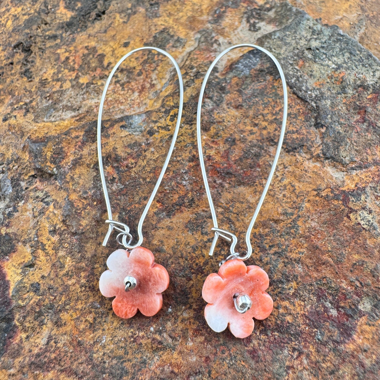 Spiny Oyster Shell Flower Wire Dangle Earrings by Mary Tso