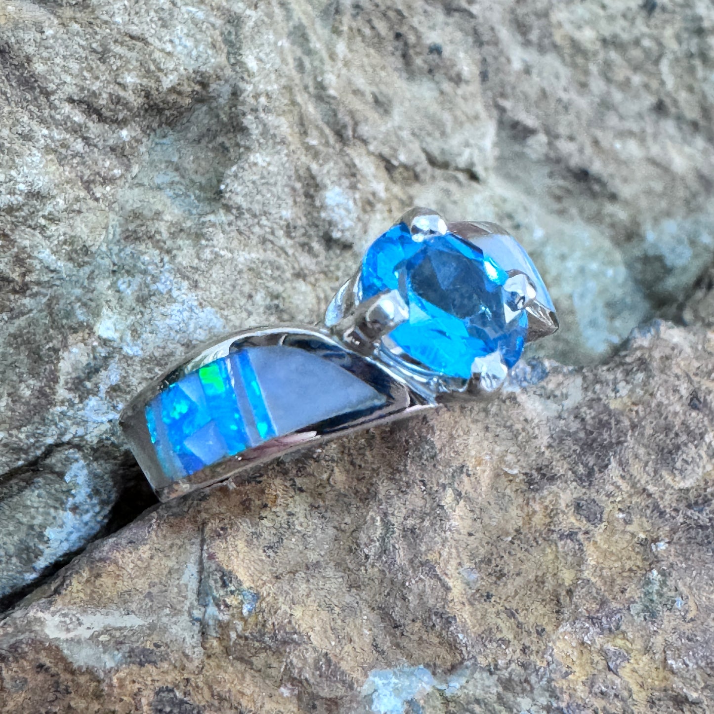 David Rosales Mystic Pearl Inlaid Sterling Silver Ring w/ Blue Topaz