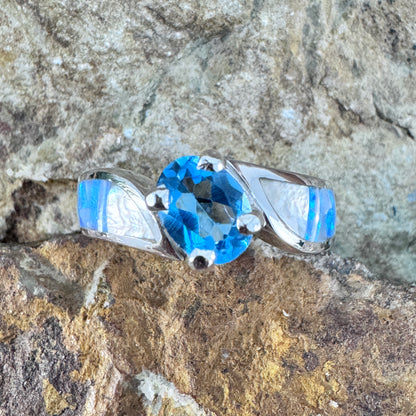 David Rosales Mystic Pearl Inlaid Sterling Silver Ring w/ Blue Topaz