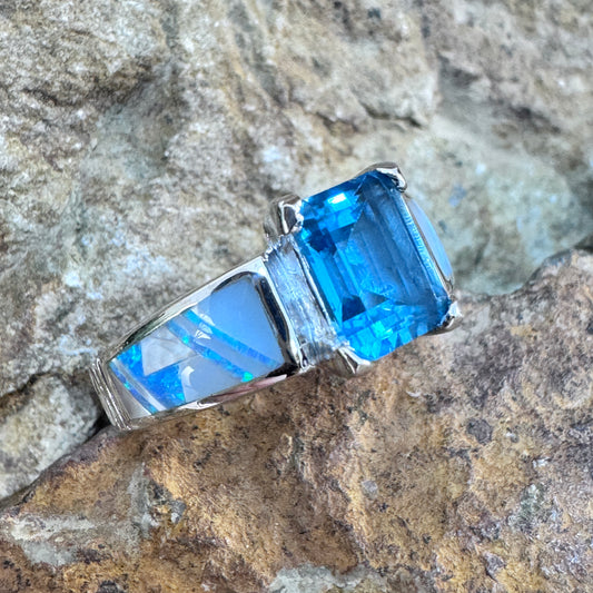 David Rosales Mystic Pearl Inlaid Sterling Silver Ring w/ Blue Topaz