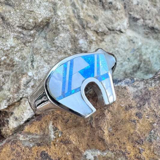 David Rosales Mystic Pearl Inlaid Sterling Silver Ring Bear