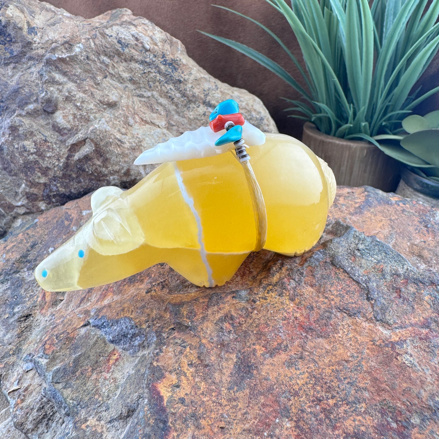 Hand Carved Zuni Fetish Bear in Honeycomb Calcite