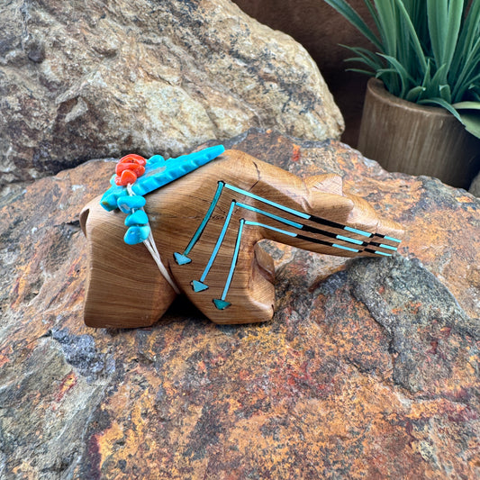 Wood Bear with Turquoise and Jet Inlay (Unsigned, Zuni)