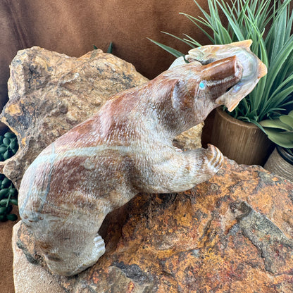 Hand Carved Zuni Fetish Bear with Fish by Herb Him