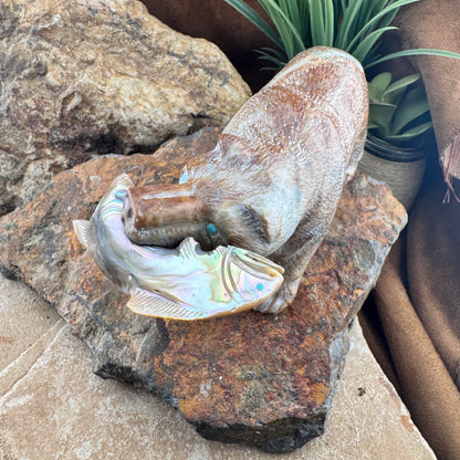 Hand Carved Zuni Fetish Bear with Fish by Herb Him