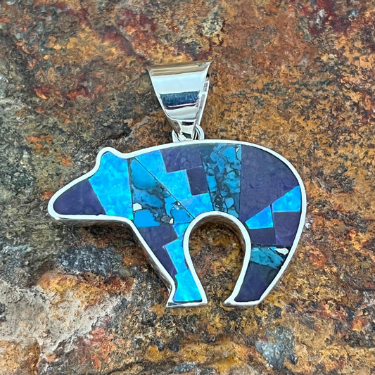 David Rosales Shalako Fancy Inlaid Sterling Silver Pendant Bear
