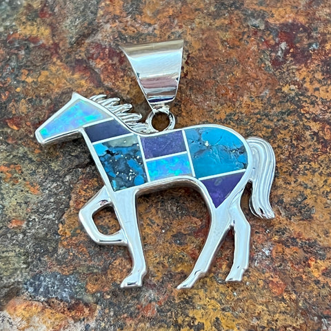 David Rosales Shalako Inlaid Sterling Silver Pendant Horse