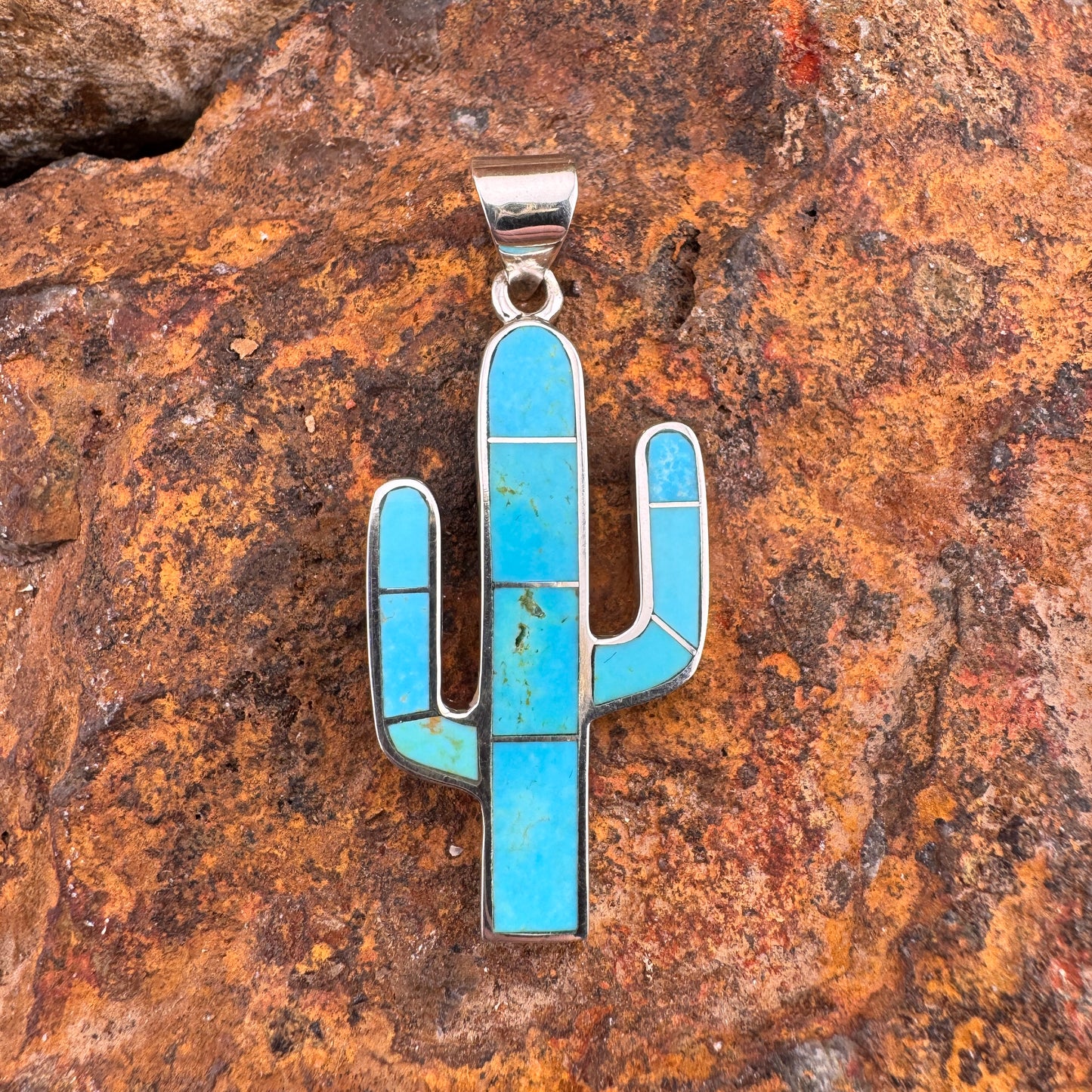 David Rosales Arizona Blue Inlaid Sterling Silver Pendant Cactus