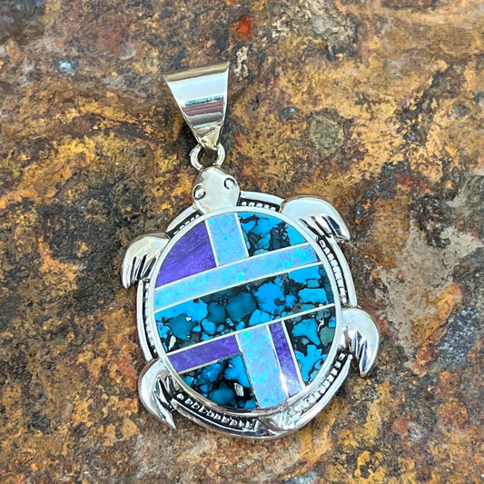 David Rosales Shalako Inlaid Sterling Silver Pendant Turtle