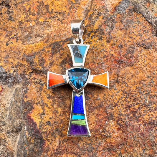 David Rosales Indian Summer Inlaid Sterling Silver Pendant Cross w/ Blue Topaz