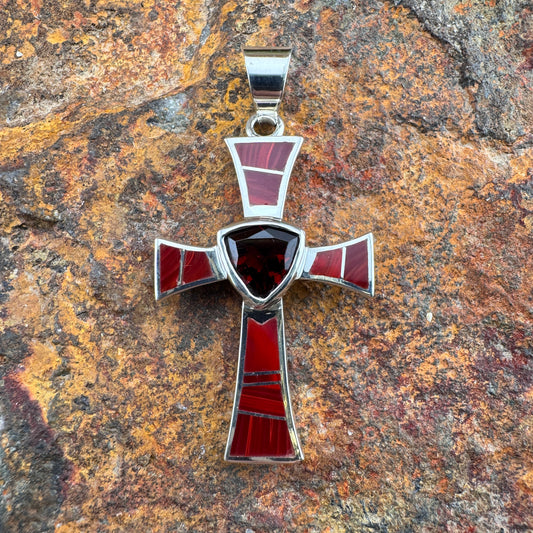 David Rosales Rosarita Inlaid Sterling Silver Pendant Cross w/Red Garnet