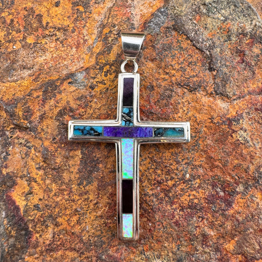 David Rosales Shalako Inlaid Sterling Silver Pendant Cross